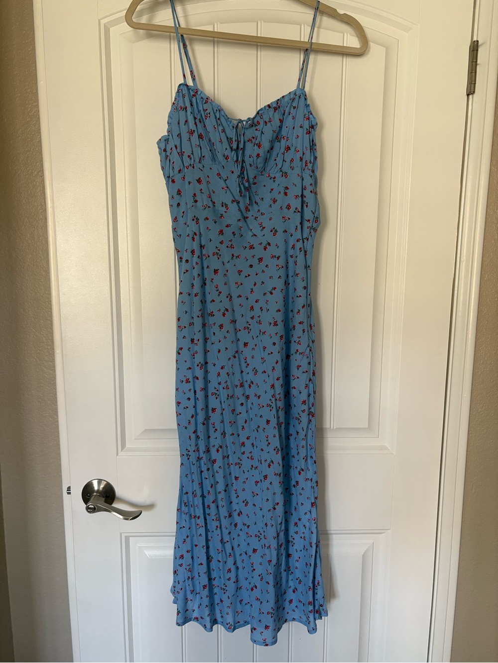 Sky Blue Floral Midi Slip Dress with Spaghetti Straps